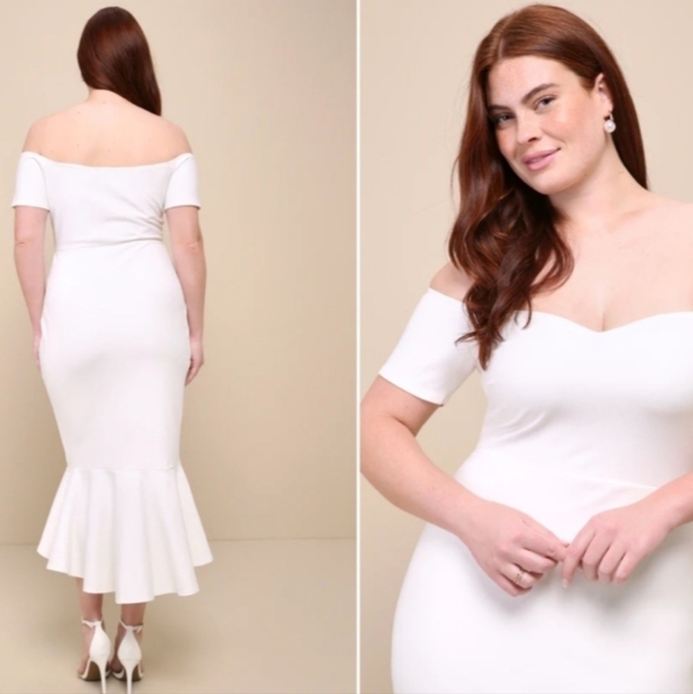 Lulu's How Much I Care ivory off shoulder fitted bodycon trumpet midi dress - Picture 2 of 12